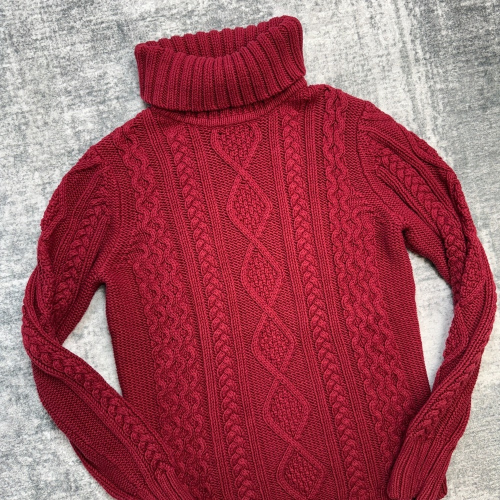 Eddie Bauer Sweater Womens Medium Red Cable Knit Turtleneck Chunky Heavy Holiday